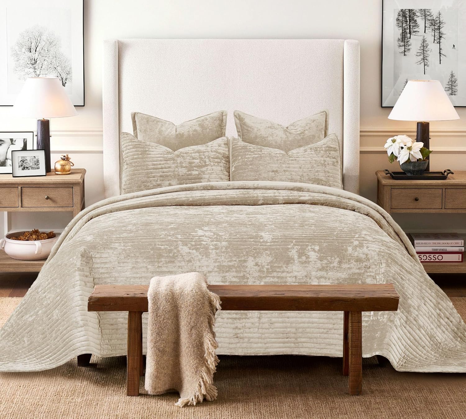 Quilt Set Oversized King Size 120x120 Luxurious Velvet Bedding Sets with 2 Pillow Shams 20x36 3 Pieces Ultra Soft Quilted Striped Bedspread Coverlet Comforter for All Season,Beige | for sensitive skin